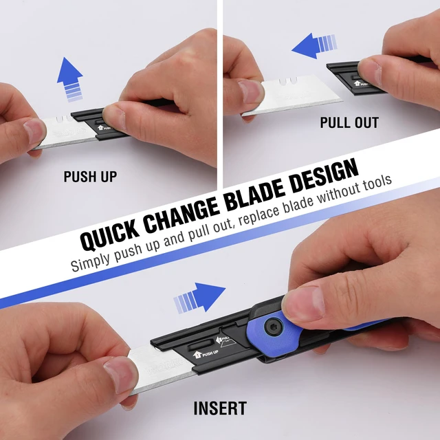 Alt view image 5 of 7 - 2-in-1 Folding Knife/Utility Knife, Wood Handle, Blue G10 Handle Quick-Change Box Cutter, Liner Lock, Belt Clip, 10 SK5 Blades, Carton Cutting, Camping, Hiking, Outdoor, DIY Projects
