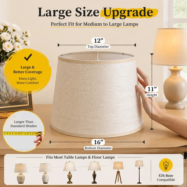 Alt view image 2 of 7 - Large Drum Lamp Shades Set of 2, Beige Linen, 12x16x11 Inch Easy-to-install classic drum shades complement farmhouse,modern & rustic décor for living rooms,bedrooms,offices,guest rooms