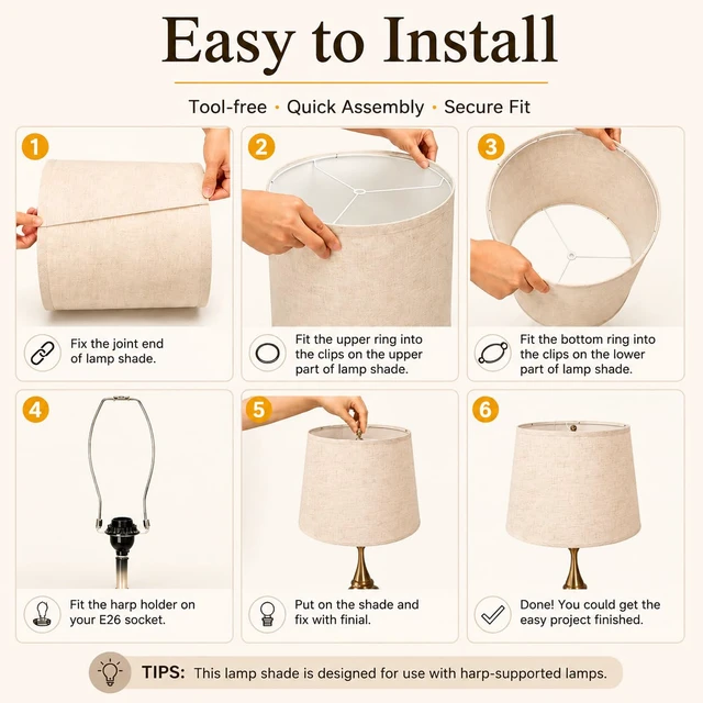 Alt view image 4 of 7 - Large Drum Lamp Shades Set of 2, Beige Linen, 12x16x11 Inch Easy-to-install classic drum shades complement farmhouse,modern & rustic décor for living rooms,bedrooms,offices,guest rooms
