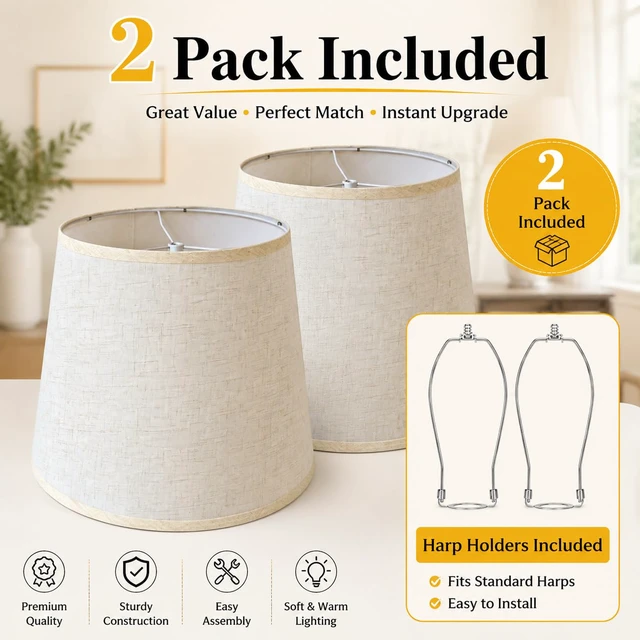 Alt view image 5 of 7 - Large Drum Lamp Shades Set of 2, Beige Linen, 12x16x11 Inch Easy-to-install classic drum shades complement farmhouse,modern & rustic décor for living rooms,bedrooms,offices,guest rooms