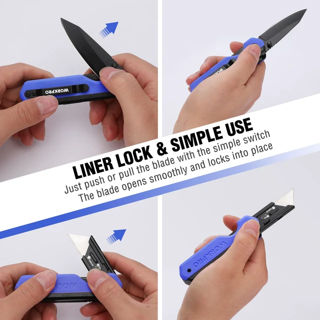 Alt view image 6 of 7 - 2-in-1 Folding Knife/Utility Knife, Wood Handle, Blue G10 Handle Quick-Change Box Cutter, Liner Lock, Belt Clip, 10 SK5 Blades, Carton Cutting, Camping, Hiking, Outdoor, DIY Projects