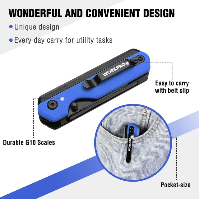 Alt view image 7 of 7 - 2-in-1 Folding Knife/Utility Knife, Wood Handle, Blue G10 Handle Quick-Change Box Cutter, Liner Lock, Belt Clip, 10 SK5 Blades, Carton Cutting, Camping, Hiking, Outdoor, DIY Projects