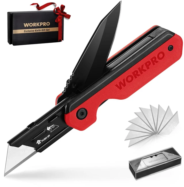 Main image of 2-in-1 Folding Knife/Utility Knife, Wood Handle, Red G10 Handle Quick-Change Box Cutter, Liner Lock, Belt Clip, 10 SK5 Blades, Carton Cutting, Camping, Hiking, DIY Projects