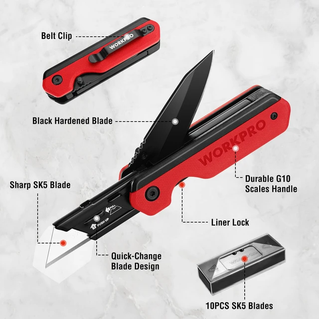 Alt view image 3 of 7 - 2-in-1 Folding Knife/Utility Knife, Wood Handle, Red G10 Handle Quick-Change Box Cutter, Liner Lock, Belt Clip, 10 SK5 Blades, Carton Cutting, Camping, Hiking, DIY Projects