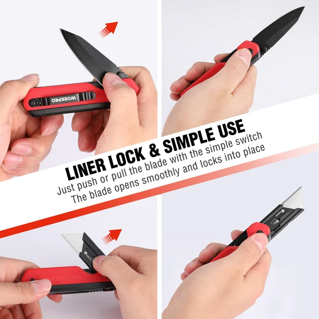 Alt view image 5 of 7 - 2-in-1 Folding Knife/Utility Knife, Wood Handle, Red G10 Handle Quick-Change Box Cutter, Liner Lock, Belt Clip, 10 SK5 Blades, Carton Cutting, Camping, Hiking, DIY Projects