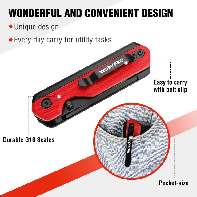 Alt view image 4 of 7 - 2-in-1 Folding Knife/Utility Knife, Wood Handle, Red G10 Handle Quick-Change Box Cutter, Liner Lock, Belt Clip, 10 SK5 Blades, Carton Cutting, Camping, Hiking, DIY Projects