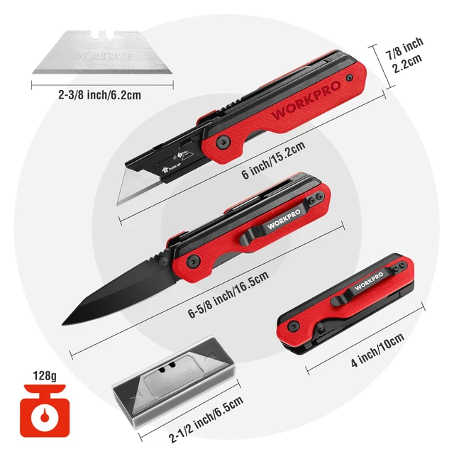 Alt view image 2 of 7 - 2-in-1 Folding Knife/Utility Knife, Wood Handle, Red G10 Handle Quick-Change Box Cutter, Liner Lock, Belt Clip, 10 SK5 Blades, Carton Cutting, Camping, Hiking, DIY Projects