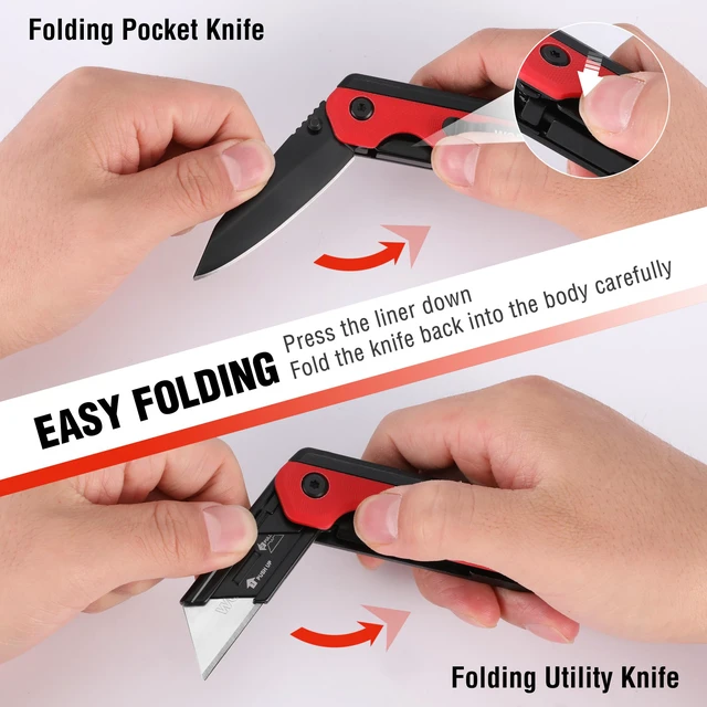 Alt view image 7 of 7 - 2-in-1 Folding Knife/Utility Knife, Wood Handle, Red G10 Handle Quick-Change Box Cutter, Liner Lock, Belt Clip, 10 SK5 Blades, Carton Cutting, Camping, Hiking, DIY Projects