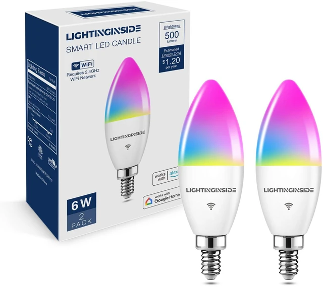 Main image of Smart E12 LED Bulbs 60W Work with Alexa/Google Home, 2PCS No Hub Required, 500LM 6W RGBCW Candle Chandelier Smart bulb Work with SmartLife, 2.4G WiFi & BLE Candelabra Bulb, ETL Listed