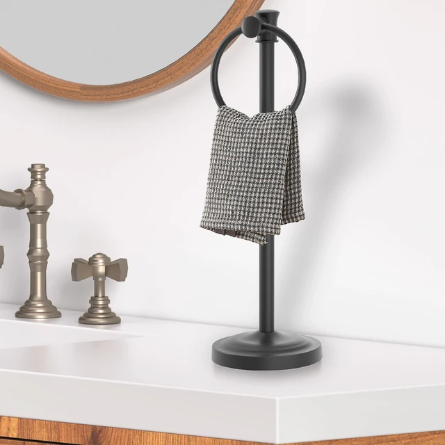 Alt view image 3 of 7 - Hand Towel Holder Stand Free Standing Towel Bar Matte Black 17 Inch Hanging Floor Hand Towel Rack Ring, for Bathroom Kitchen Countertops, Hardware Accessories SUS 304 Heavy-Duty Base