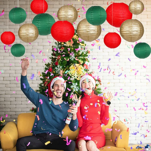 Alt view image 5 of 7 - Round Hanging Paper Lanterns Christmas Party Decorations 15pcs Paper Lanterns Party Decorations for Christmas, Graduation, Anniversary, Birthday Party Supplies Green/Red/Gold