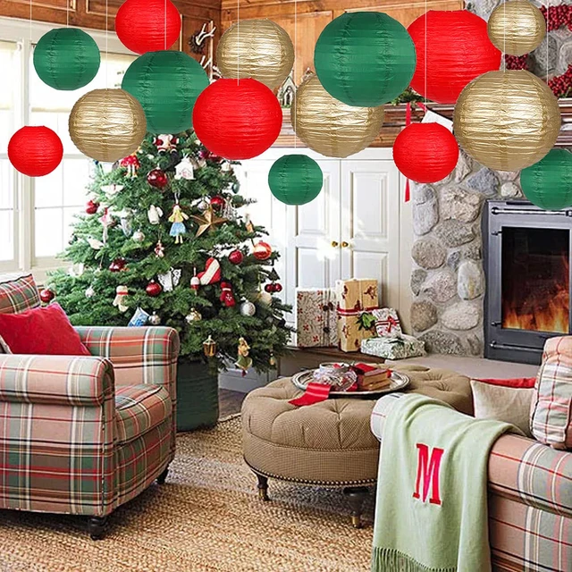 Alt view image 4 of 7 - Round Hanging Paper Lanterns Christmas Party Decorations 15pcs Paper Lanterns Party Decorations for Christmas, Graduation, Anniversary, Birthday Party Supplies Green/Red/Gold