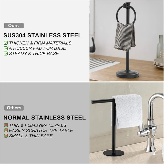 Alt view image 5 of 7 - Hand Towel Holder Stand Free Standing Towel Bar Matte Black 17 Inch Hanging Floor Hand Towel Rack Ring, for Bathroom Kitchen Countertops, Hardware Accessories SUS 304 Heavy-Duty Base
