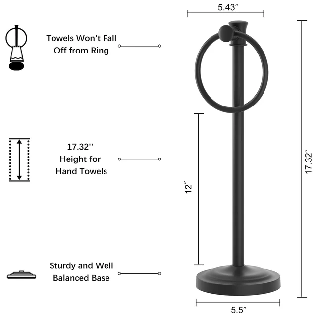 Alt view image 7 of 7 - Hand Towel Holder Stand Free Standing Towel Bar Matte Black 17 Inch Hanging Floor Hand Towel Rack Ring, for Bathroom Kitchen Countertops, Hardware Accessories SUS 304 Heavy-Duty Base