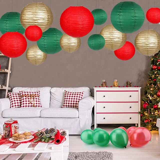 Alt view image 7 of 7 - Round Hanging Paper Lanterns Christmas Party Decorations 15pcs Paper Lanterns Party Decorations for Christmas, Graduation, Anniversary, Birthday Party Supplies Green/Red/Gold