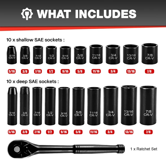 Alt view image 2 of 7 - 21pcs 3/8" Socket Set,Drive Impact Socket Set, SAE, Deep & Shallow, Cr-V Steel, 6 Point with Adapters, 72T Ratchet Handle, 5/16-7/8inch