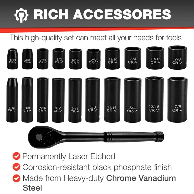 Alt view image 3 of 7 - 21pcs 3/8" Socket Set,Drive Impact Socket Set, SAE, Deep & Shallow, Cr-V Steel, 6 Point with Adapters, 72T Ratchet Handle, 5/16-7/8inch