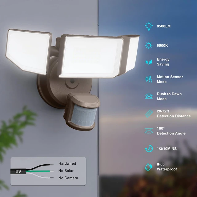 Alt view image 3 of 7 - 85W LED Security Lights Motion Sensor Light Outdoor, 8500LM Dusk to Dawn, IP65 Waterproof, 6500K, 3 Head Motion Detected Flood Light, Floodlight for Outside, Garage, Yard, Porch (Brown)