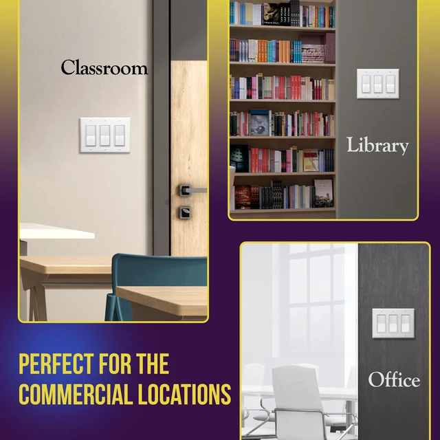 Alt view image 6 of 7 - Decorator Light Switch or Receptacle Outlet Wall Plate, Gloss Finish, Size 3-Gang 4.50" x 6.38", Polycarbonate Thermoplastic, 8833-W, White (Pack of 2)