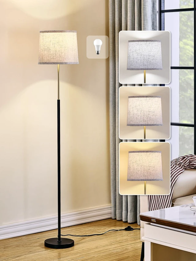 Main image of 60" Modern Floor Lamp with Linen Shade, 3 Color LED Bulb & Foot Switch Standing Lamp with Dimmable A19 9W 3 Color Temperature Bulb, Tall Lamp for Living Room, Bedroom, Office, Corner, Black Gold