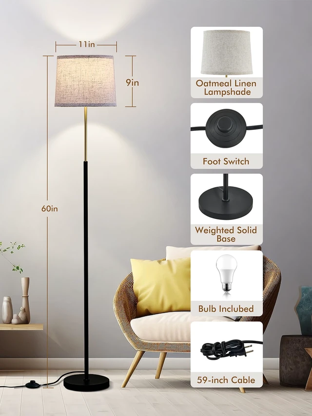 Alt view image 4 of 7 - 60" Modern Floor Lamp with Linen Shade, 3 Color LED Bulb & Foot Switch Standing Lamp with Dimmable A19 9W 3 Color Temperature Bulb, Tall Lamp for Living Room, Bedroom, Office, Corner, Black Gold