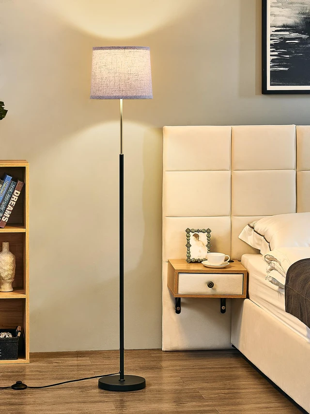 Alt view image 5 of 7 - 60" Modern Floor Lamp with Linen Shade, 3 Color LED Bulb & Foot Switch Standing Lamp with Dimmable A19 9W 3 Color Temperature Bulb, Tall Lamp for Living Room, Bedroom, Office, Corner, Black Gold