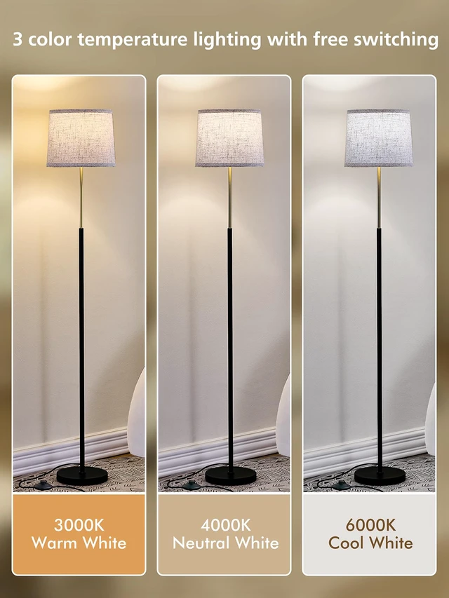 Alt view image 3 of 7 - 60" Modern Floor Lamp with Linen Shade, 3 Color LED Bulb & Foot Switch Standing Lamp with Dimmable A19 9W 3 Color Temperature Bulb, Tall Lamp for Living Room, Bedroom, Office, Corner, Black Gold