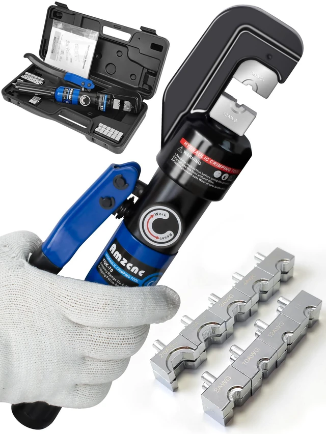 Main image of Hydraulic Cable Lug Crimper, 12 AWG-2/0 AWG, 8 Ton, 9 Dies Electricians & Contractors, Battery, Welding, Power & Electrical Cable Crimping, 180° Rotating Head for Tight Spaces