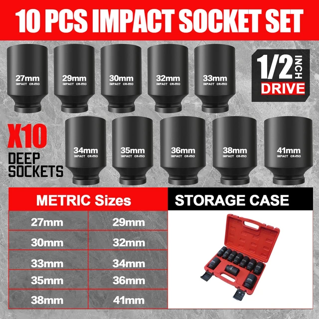 Alt view image 2 of 6 - 1/2" Drive Deep Impact Socket Set,10 PCS,Metric (27mm to 41mm) 6-Point,Cr-Mo Steel,Heavy Duty Impact Socket Set,With a Storage Case