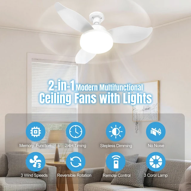Alt view image 2 of 7 - 25" Socket Fan Light, Flower Shape 3000 Lumens Small Ceiling Fans with Lights and Remote, E26/E27 Light Bulb Fan with Reversible Motor, Dimmable 3000K-6500K for Bedroom Hallway Garage Kitchen