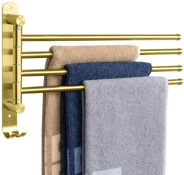Main image of Swivel Towel Rack, 13.8" Thicken 304 Stainless Steel 4-Arm Towel Bar, Space Saving Wall Mounted Towel Holder with Hook, Rustproof Swing Out Towel Hanger for Bathroom, Kitchen (Brushed Gold)