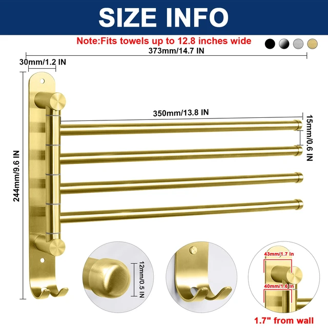 Alt view image 2 of 7 - Swivel Towel Rack, 13.8" Thicken 304 Stainless Steel 4-Arm Towel Bar, Space Saving Wall Mounted Towel Holder with Hook, Rustproof Swing Out Towel Hanger for Bathroom, Kitchen (Brushed Gold)