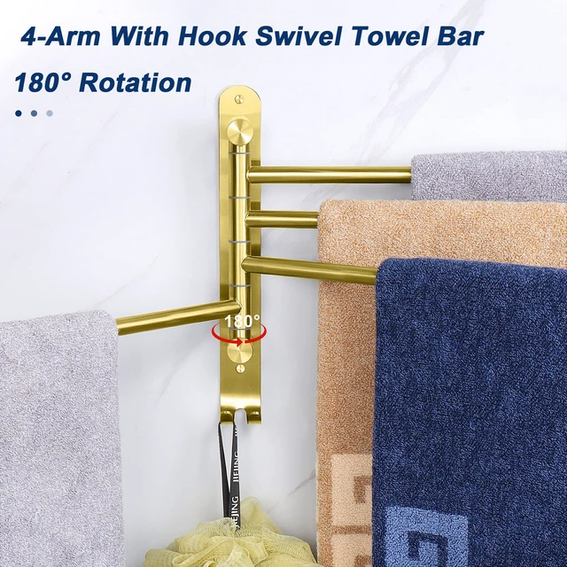 Alt view image 3 of 7 - Swivel Towel Rack, 13.8" Thicken 304 Stainless Steel 4-Arm Towel Bar, Space Saving Wall Mounted Towel Holder with Hook, Rustproof Swing Out Towel Hanger for Bathroom, Kitchen (Brushed Gold)
