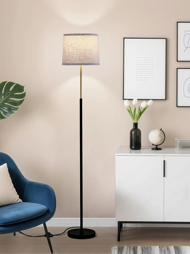 Alt view image 6 of 7 - 60" Modern Floor Lamp with Linen Shade, 3 Color LED Bulb & Foot Switch Standing Lamp with Dimmable A19 9W 3 Color Temperature Bulb, Tall Lamp for Living Room, Bedroom, Office, Corner, Black Gold