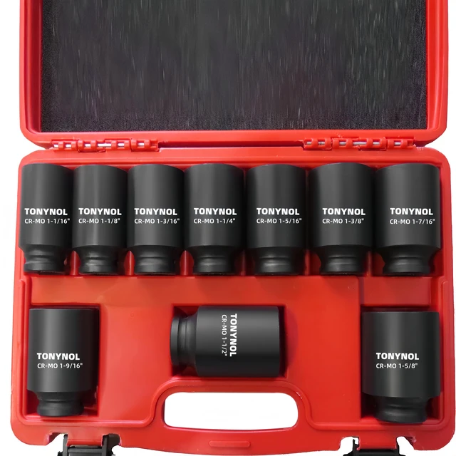 Main image of 1/2" Drive Deep Impact Socket Set,6Point,SAE 11/16"15/8",10Pcs Heavy Duty Impact Socket Set,With a Storage Case