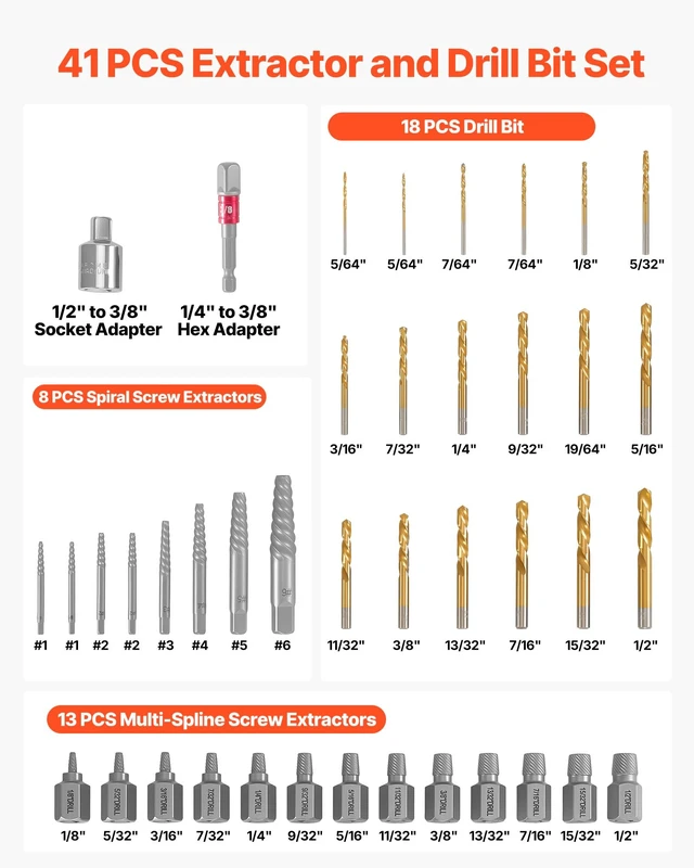 Alt view image 2 of 7 - 41-Piece Screw Extractor and Left Hand Drill Bits Set, Easy Out Screw Extractor Kit with HSS Steel Reverse Drill Bit for Broken Nuts, Stripped Bolts Remove, Adapters