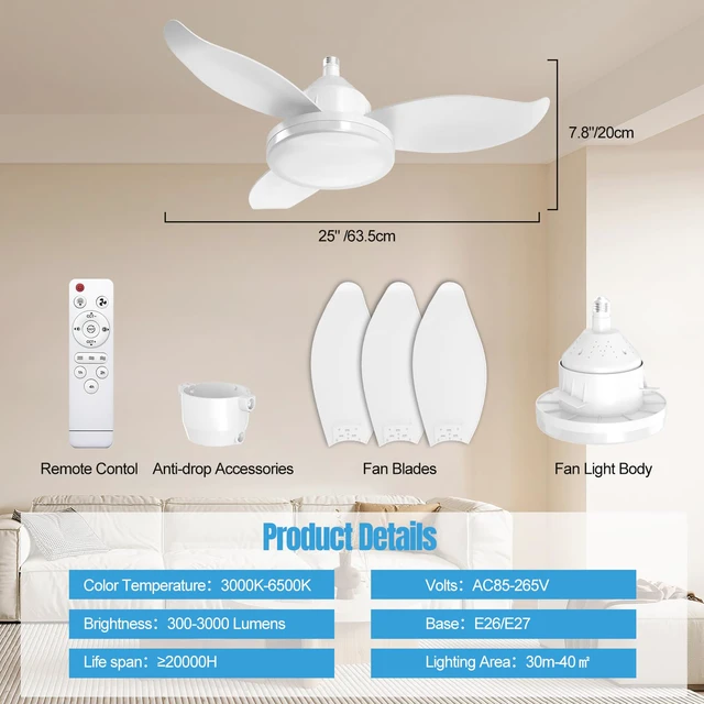 Alt view image 7 of 7 - 25" Socket Fan Light, Flower Shape 3000 Lumens Small Ceiling Fans with Lights and Remote, E26/E27 Light Bulb Fan with Reversible Motor, Dimmable 3000K-6500K for Bedroom Hallway Garage Kitchen