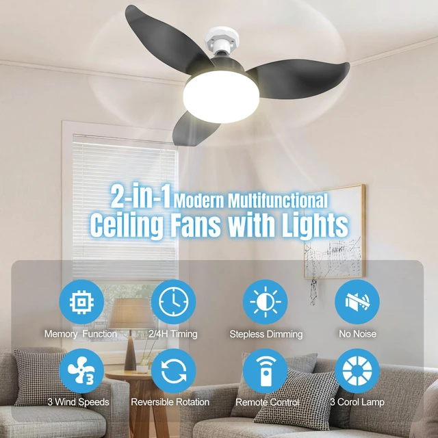 Alt view image 2 of 7 - 25" Socket Fan Light with Remote, E26/E27 Flower Shape Light Bulb Fan with Reversible Motor, 3000 Lumens Small Ceiling Fans with Lights, Dimmable 3000K-6500K for Bedroom Kitchen Hallway Garage