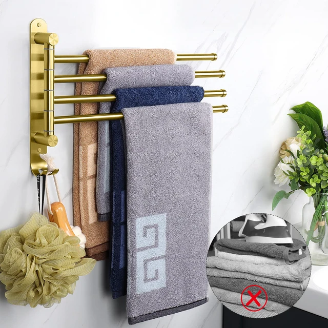 Alt view image 6 of 7 - Swivel Towel Rack, 13.8" Thicken 304 Stainless Steel 4-Arm Towel Bar, Space Saving Wall Mounted Towel Holder with Hook, Rustproof Swing Out Towel Hanger for Bathroom, Kitchen (Brushed Gold)