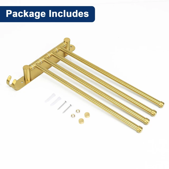 Alt view image 7 of 7 - Swivel Towel Rack, 13.8" Thicken 304 Stainless Steel 4-Arm Towel Bar, Space Saving Wall Mounted Towel Holder with Hook, Rustproof Swing Out Towel Hanger for Bathroom, Kitchen (Brushed Gold)