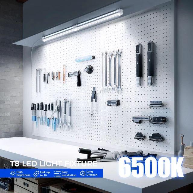 Alt view image 4 of 7 - T8 LED Shop Lights 1.5FT, 25W 3450LM 6500K, 2 Pack High Output Tube 1.5 Foot Light Bar for Workbench Workshop and Garage Use, Super Bright White Ceiling Mount, Linkable to 10, Aluminum V Shape