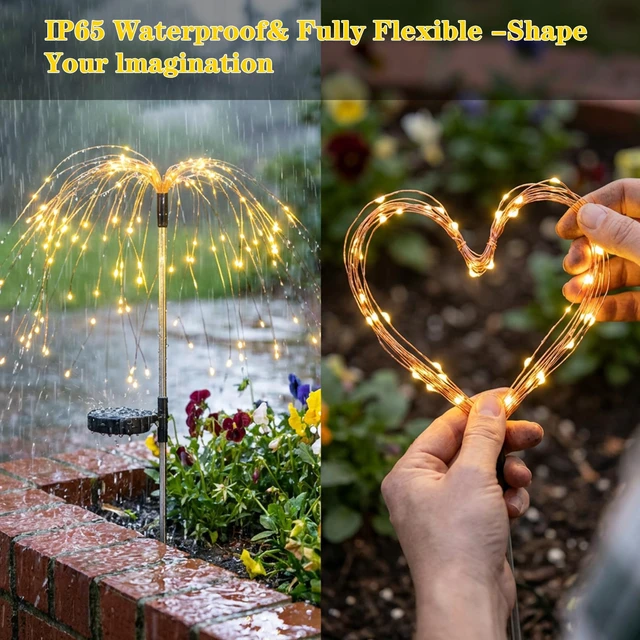 Alt view image 4 of 7 - 4-Pack Solar Firework Lights for Outside Waterproof Garden Fairy Lights Adjustable 32"-51" tall, 200 LED stainless steel stake starburst lights with 8 modes for pathway patio decorations