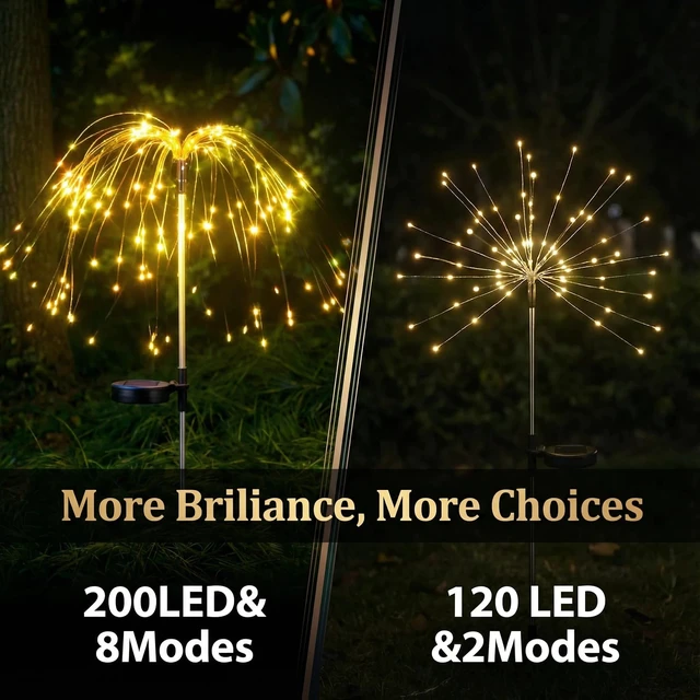 Alt view image 2 of 7 - 4-Pack Solar Firework Lights for Outside Waterproof Garden Fairy Lights Adjustable 32"-51" tall, 200 LED stainless steel stake starburst lights with 8 modes for pathway patio decorations