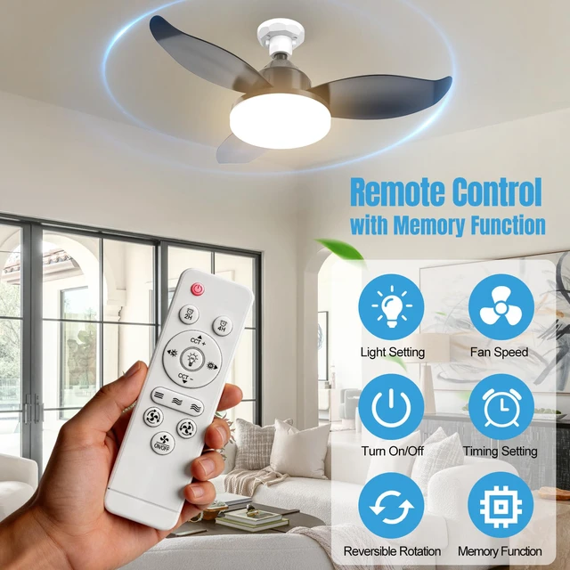 Alt view image 7 of 7 - 25" Socket Fan Light with Remote, E26/E27 Flower Shape Light Bulb Fan with Reversible Motor, 3000 Lumens Small Ceiling Fans with Lights, Dimmable 3000K-6500K for Bedroom Kitchen Hallway Garage