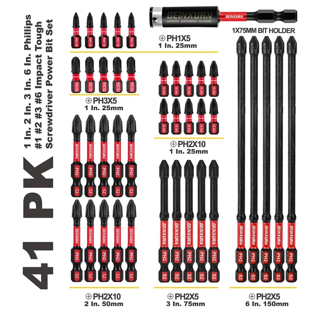 Alt view image 2 of 7 - Impact Tough Mixed #1#2#3 Phillips D2 Steel Long Extension Insert Driver Bits, 41Pack 1/4 Inch Hex Shank Long Cross Magnetic PH1/PH2/PH3 Screwdriver Bits Set with 1Pcs Magnetic Bit Holder