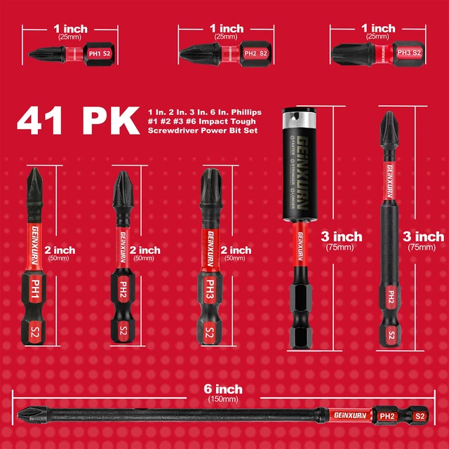 Alt view image 3 of 7 - Impact Tough Mixed #1#2#3 Phillips D2 Steel Long Extension Insert Driver Bits, 41Pack 1/4 Inch Hex Shank Long Cross Magnetic PH1/PH2/PH3 Screwdriver Bits Set with 1Pcs Magnetic Bit Holder