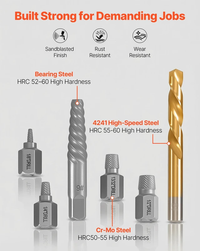 Alt view image 3 of 7 - 41-Piece Screw Extractor and Left Hand Drill Bits Set, Easy Out Screw Extractor Kit with HSS Steel Reverse Drill Bit for Broken Nuts, Stripped Bolts Remove, Adapters