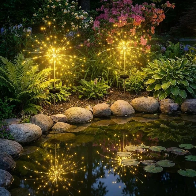 Alt view image 6 of 7 - 4-Pack Solar Firework Lights for Outside Waterproof Garden Fairy Lights Adjustable 32"-51" tall, 200 LED stainless steel stake starburst lights with 8 modes for pathway patio decorations