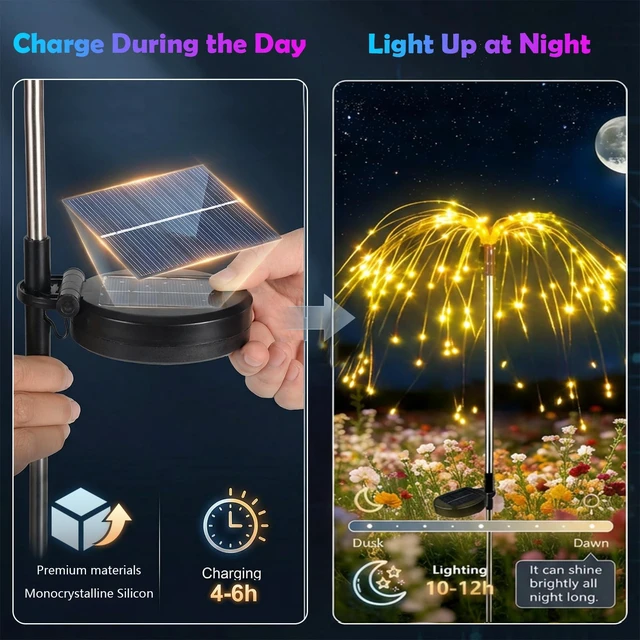 Alt view image 5 of 7 - 4-Pack Solar Firework Lights for Outside Waterproof Garden Fairy Lights Adjustable 32"-51" tall, 200 LED stainless steel stake starburst lights with 8 modes for pathway patio decorations