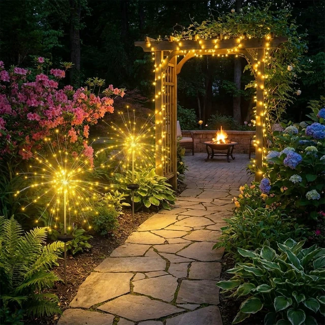 Alt view image 7 of 7 - 4-Pack Solar Firework Lights for Outside Waterproof Garden Fairy Lights Adjustable 32"-51" tall, 200 LED stainless steel stake starburst lights with 8 modes for pathway patio decorations